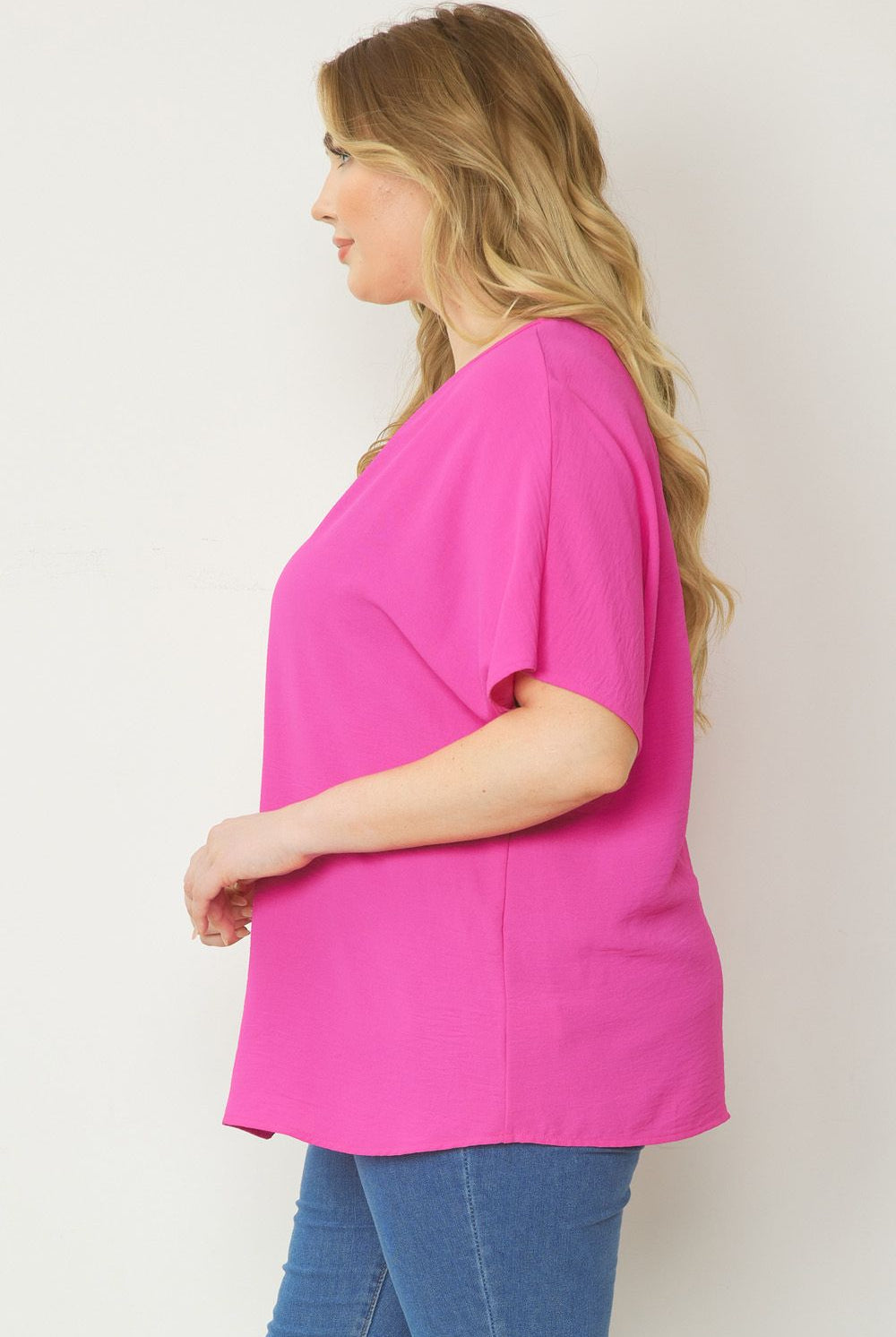 Entro Solid V-Neck Top Featuring Asymmetric Rounded Hem In Hot Pink Plus-Curvy/Plus Basics-Entro-Deja Nu Boutique, Women's Fashion Boutique in Lampasas, Texas
