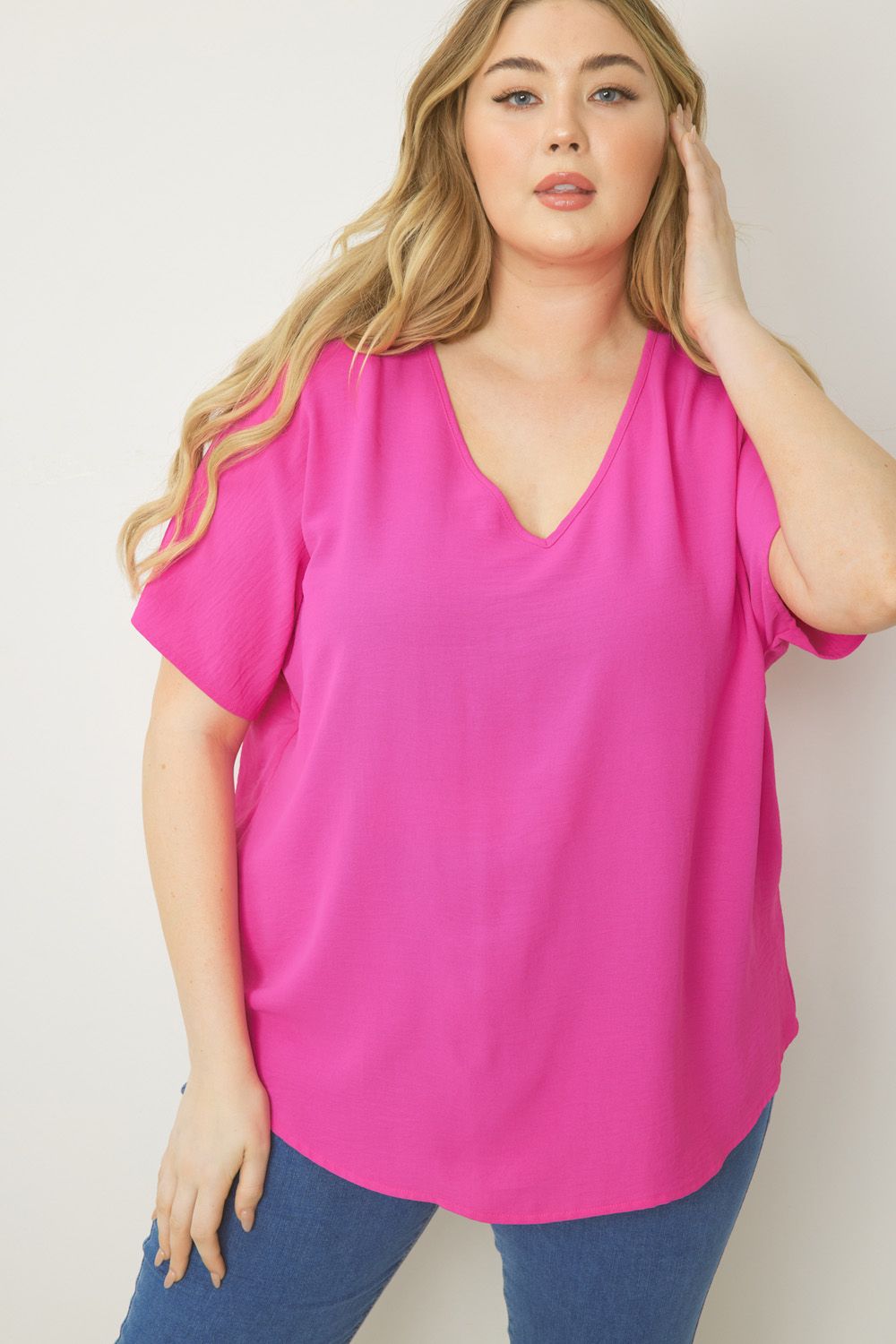 Entro Solid V-Neck Top Featuring Asymmetric Rounded Hem In Hot Pink Plus-Curvy/Plus Basics-Entro-Deja Nu Boutique, Women's Fashion Boutique in Lampasas, Texas