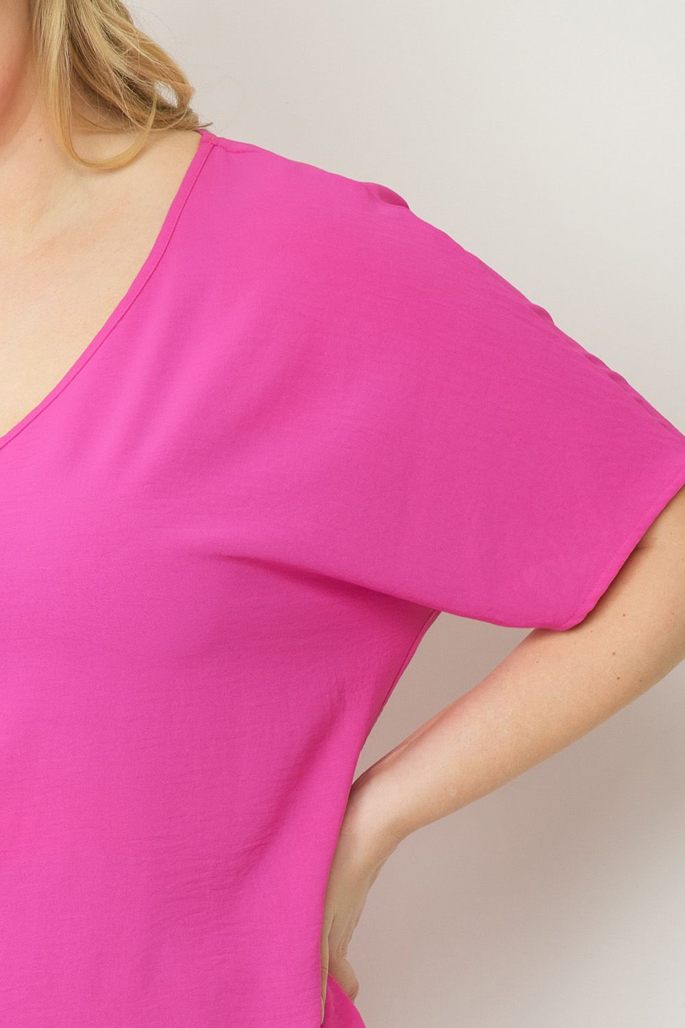 Entro Solid V-Neck Top Featuring Asymmetric Rounded Hem In Hot Pink Plus-Curvy/Plus Basics-Entro-Deja Nu Boutique, Women's Fashion Boutique in Lampasas, Texas