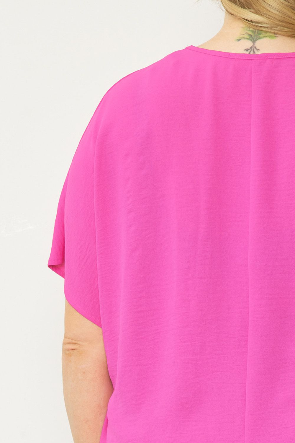 Entro Solid V-Neck Top Featuring Asymmetric Rounded Hem In Hot Pink Plus-Curvy/Plus Basics-Entro-Deja Nu Boutique, Women's Fashion Boutique in Lampasas, Texas