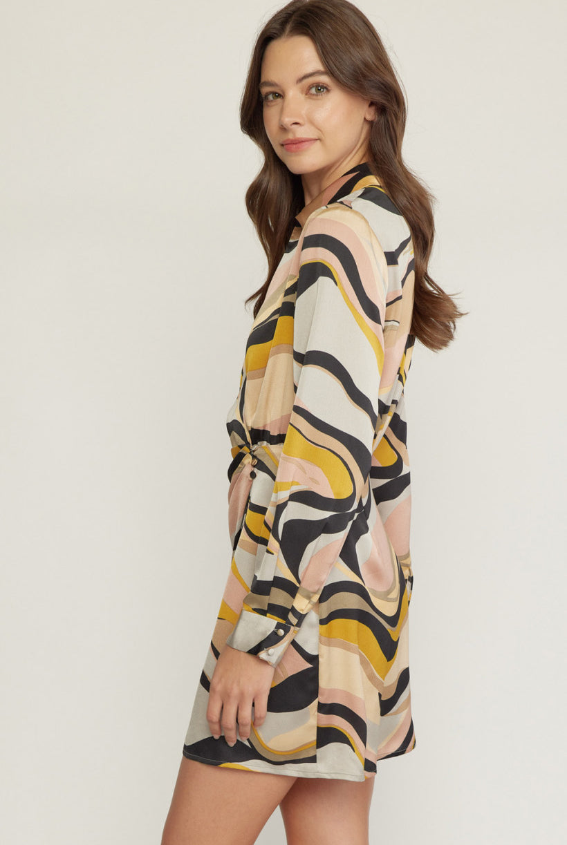 Entro Swirl Print V Neck Wrap Style Mini Dress In Grey Blush-Short Dresses-Entro-Deja Nu Boutique, Women's Fashion Boutique in Lampasas, Texas