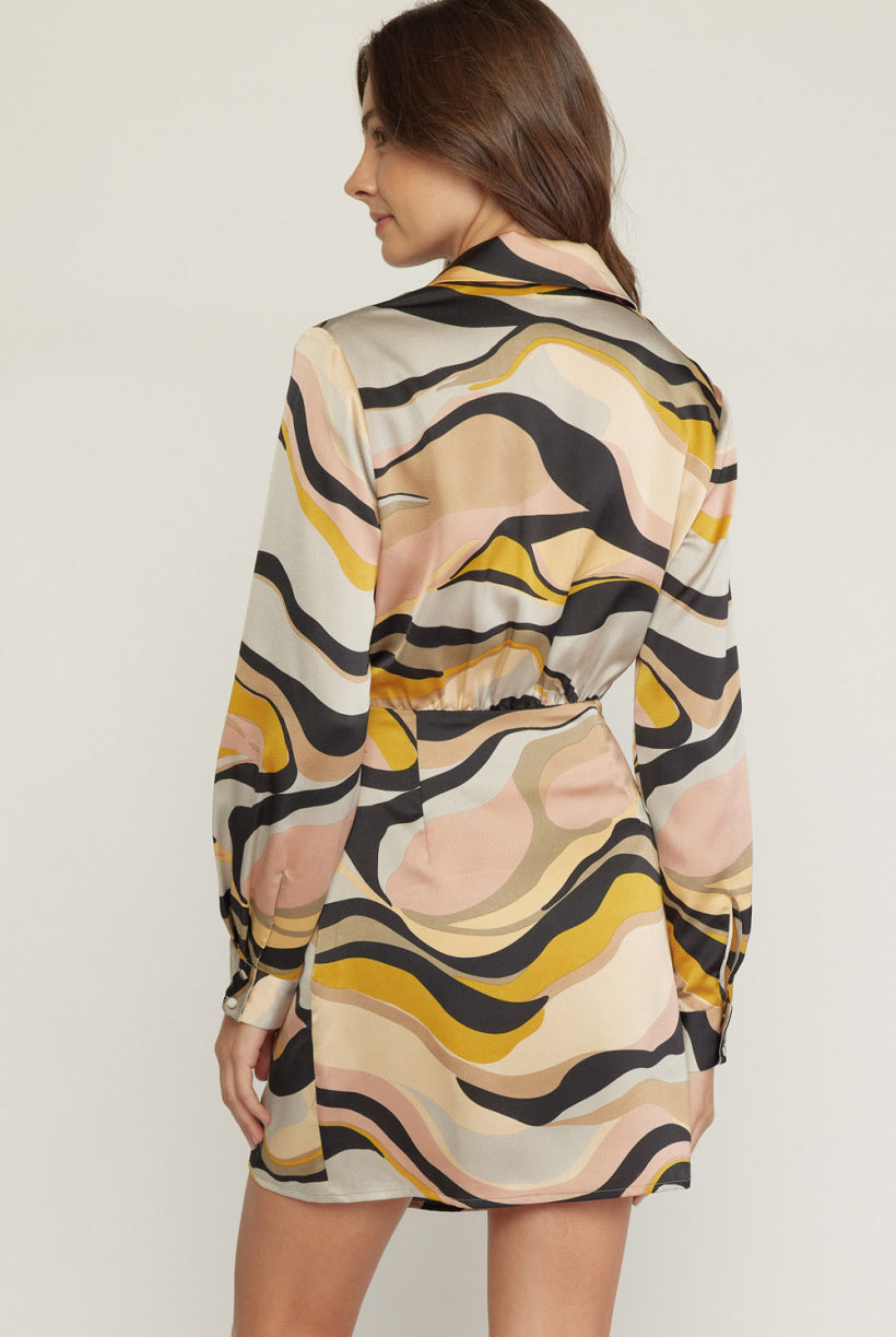 Entro Swirl Print V Neck Wrap Style Mini Dress In Grey Blush-Short Dresses-Entro-Deja Nu Boutique, Women's Fashion Boutique in Lampasas, Texas