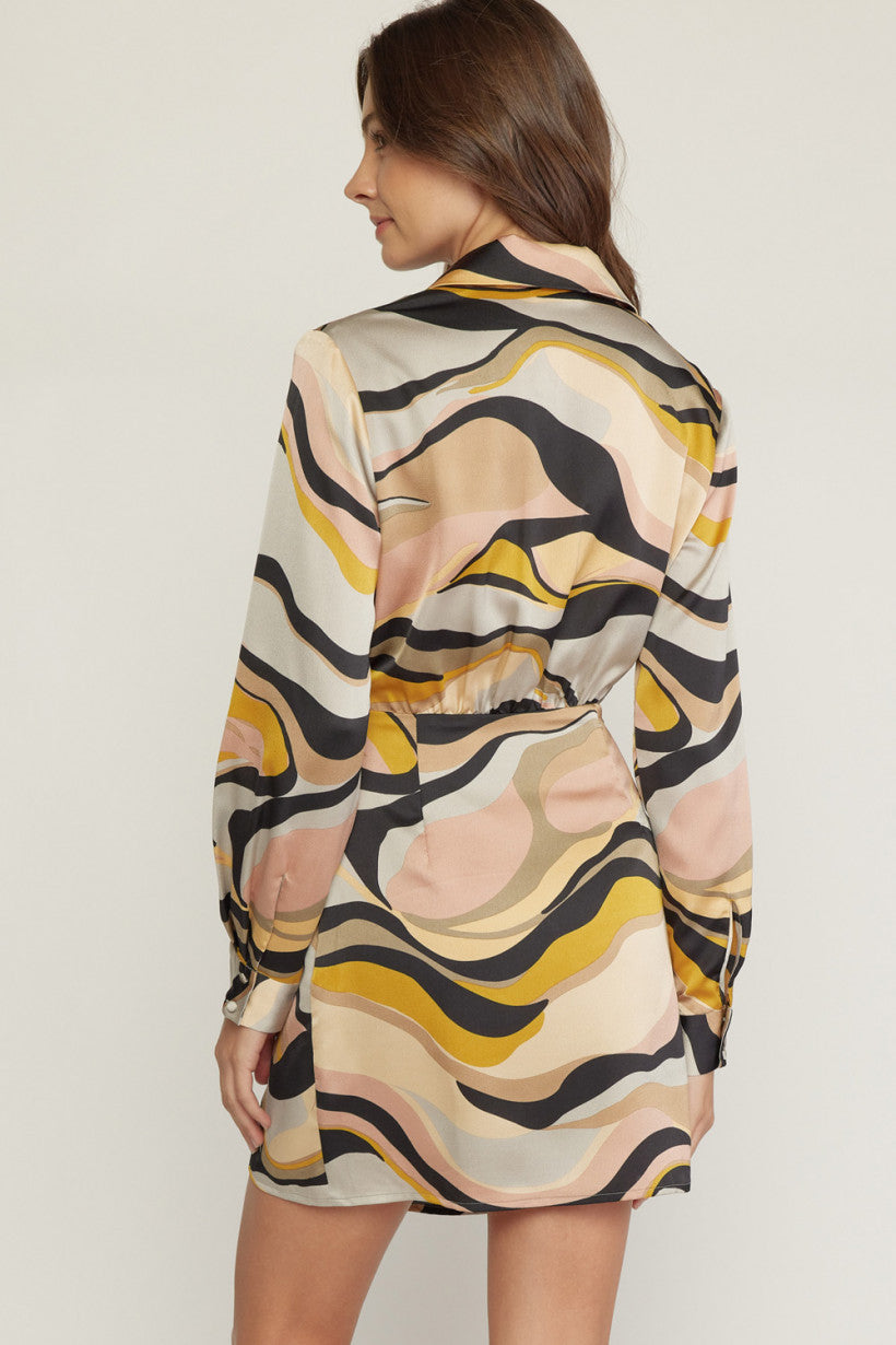 Entro Swirl Print V Neck Wrap Style Mini Dress In Grey Blush-Short Dresses-Entro-Deja Nu Boutique, Women's Fashion Boutique in Lampasas, Texas