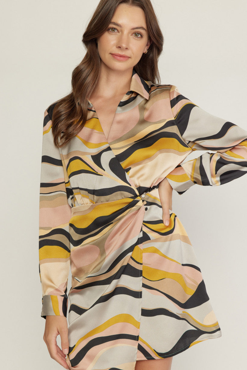 Entro Swirl Print V Neck Wrap Style Mini Dress In Grey Blush-Short Dresses-Entro-Deja Nu Boutique, Women's Fashion Boutique in Lampasas, Texas