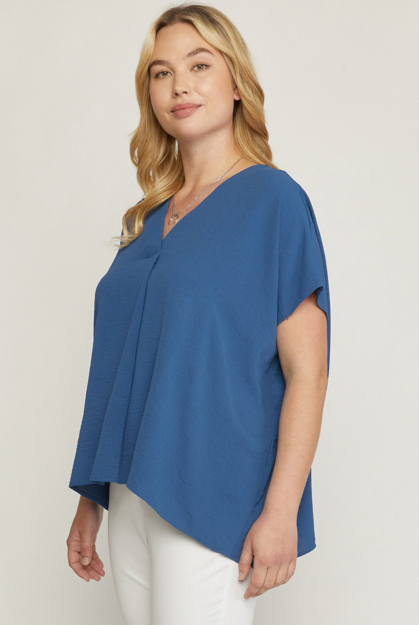 Entro V Neck Blouse With Placket Detail In A Denim Color Plus-Curvy/Plus Basics-Entro-Deja Nu Boutique, Women's Fashion Boutique in Lampasas, Texas
