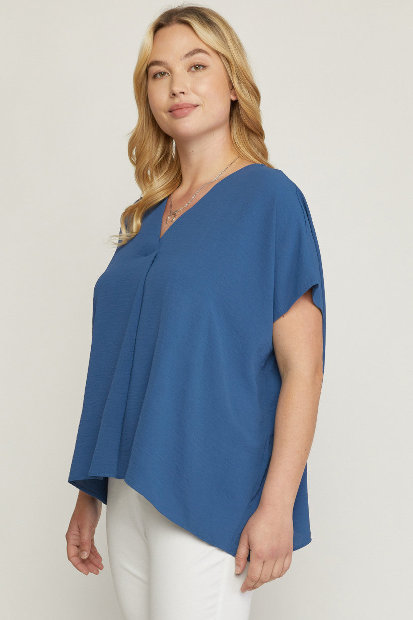 Entro V Neck Blouse With Placket Detail In A Denim Color Plus-Curvy/Plus Basics-Entro-Deja Nu Boutique, Women's Fashion Boutique in Lampasas, Texas