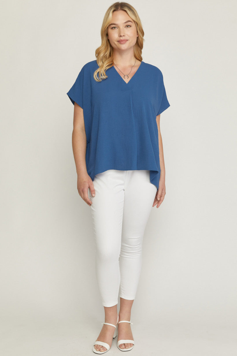 Entro V Neck Blouse With Placket Detail In A Denim Color Plus-Curvy/Plus Basics-Entro-Deja Nu Boutique, Women's Fashion Boutique in Lampasas, Texas