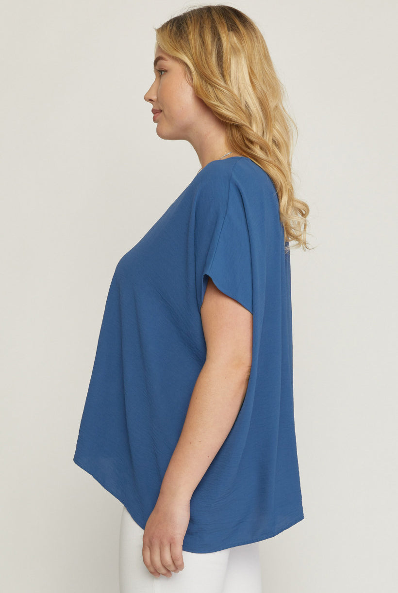 Entro V Neck Blouse With Placket Detail In A Denim Color Plus-Curvy/Plus Basics-Entro-Deja Nu Boutique, Women's Fashion Boutique in Lampasas, Texas