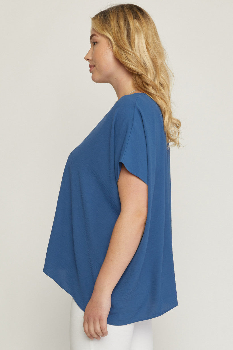 Entro V Neck Blouse With Placket Detail In A Denim Color Plus-Curvy/Plus Basics-Entro-Deja Nu Boutique, Women's Fashion Boutique in Lampasas, Texas