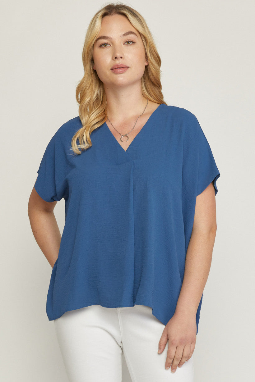 Entro V Neck Blouse With Placket Detail In A Denim Color Plus-Curvy/Plus Basics-Entro-Deja Nu Boutique, Women's Fashion Boutique in Lampasas, Texas