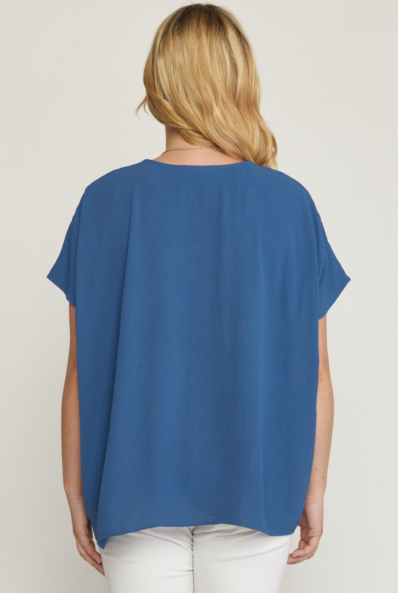 Entro V Neck Blouse With Placket Detail In A Denim Color Plus-Curvy/Plus Basics-Entro-Deja Nu Boutique, Women's Fashion Boutique in Lampasas, Texas