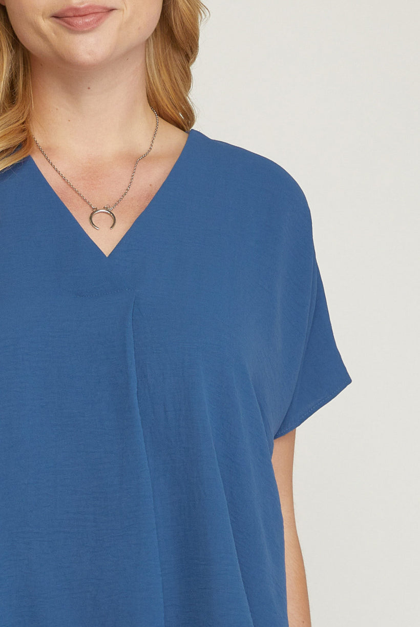Entro V Neck Blouse With Placket Detail In A Denim Color Plus-Curvy/Plus Basics-Entro-Deja Nu Boutique, Women's Fashion Boutique in Lampasas, Texas
