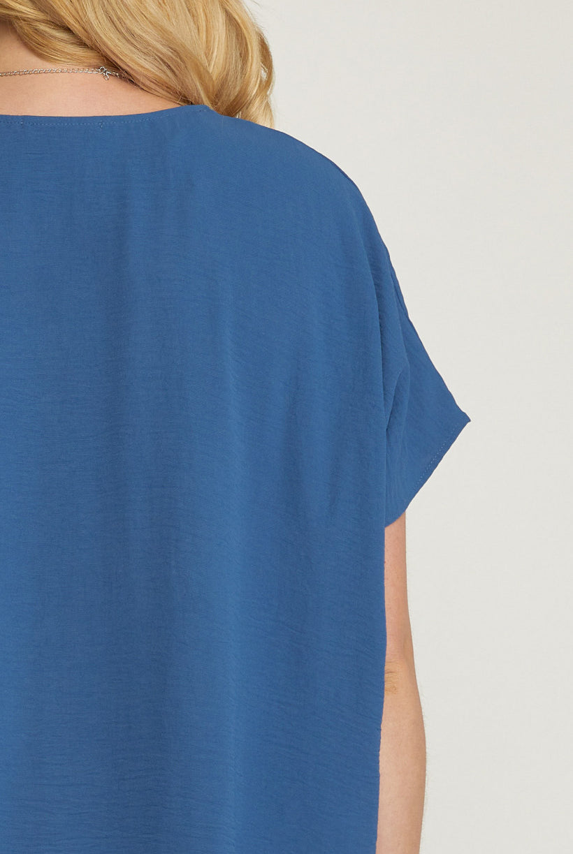 Entro V Neck Blouse With Placket Detail In A Denim Color Plus-Curvy/Plus Basics-Entro-Deja Nu Boutique, Women's Fashion Boutique in Lampasas, Texas