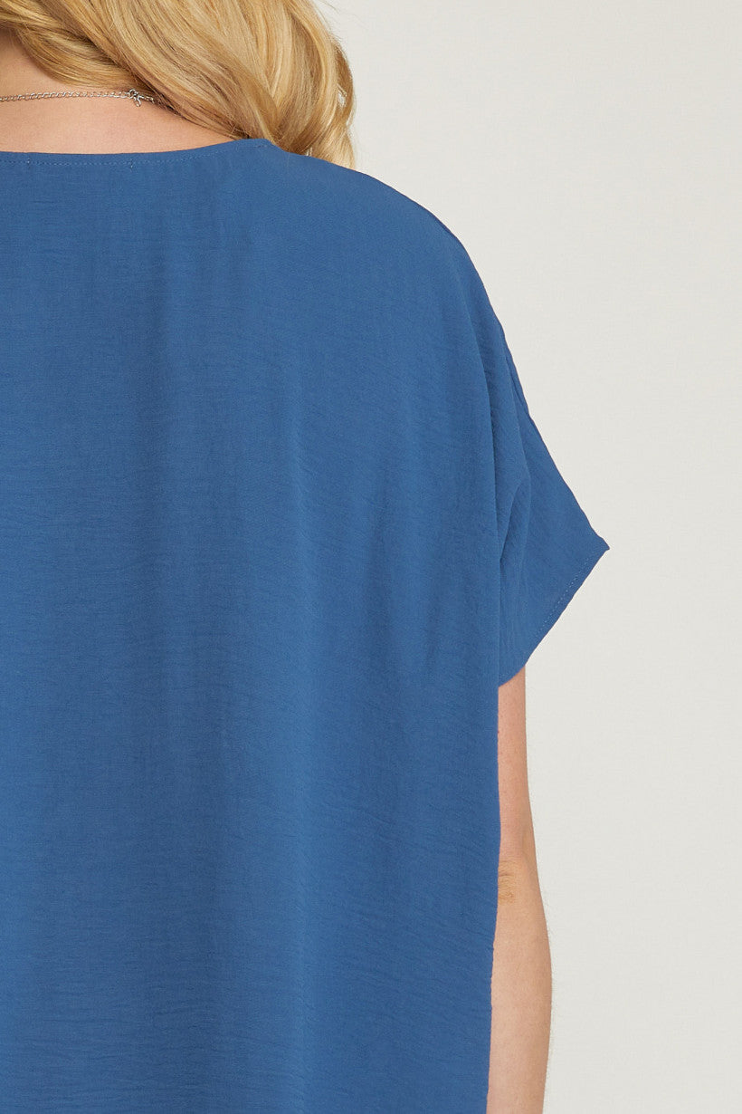 Entro V Neck Blouse With Placket Detail In A Denim Color Plus-Curvy/Plus Basics-Entro-Deja Nu Boutique, Women's Fashion Boutique in Lampasas, Texas