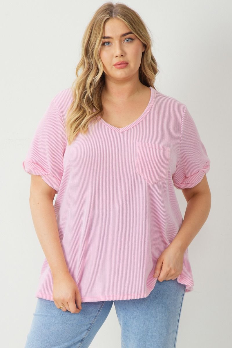 Entro V Neck Relaxed Fit Knit Top With Rolled Cuffs in Pink Plus-Curvy/Plus Tops-Entro-Deja Nu Boutique, Women's Fashion Boutique in Lampasas, Texas
