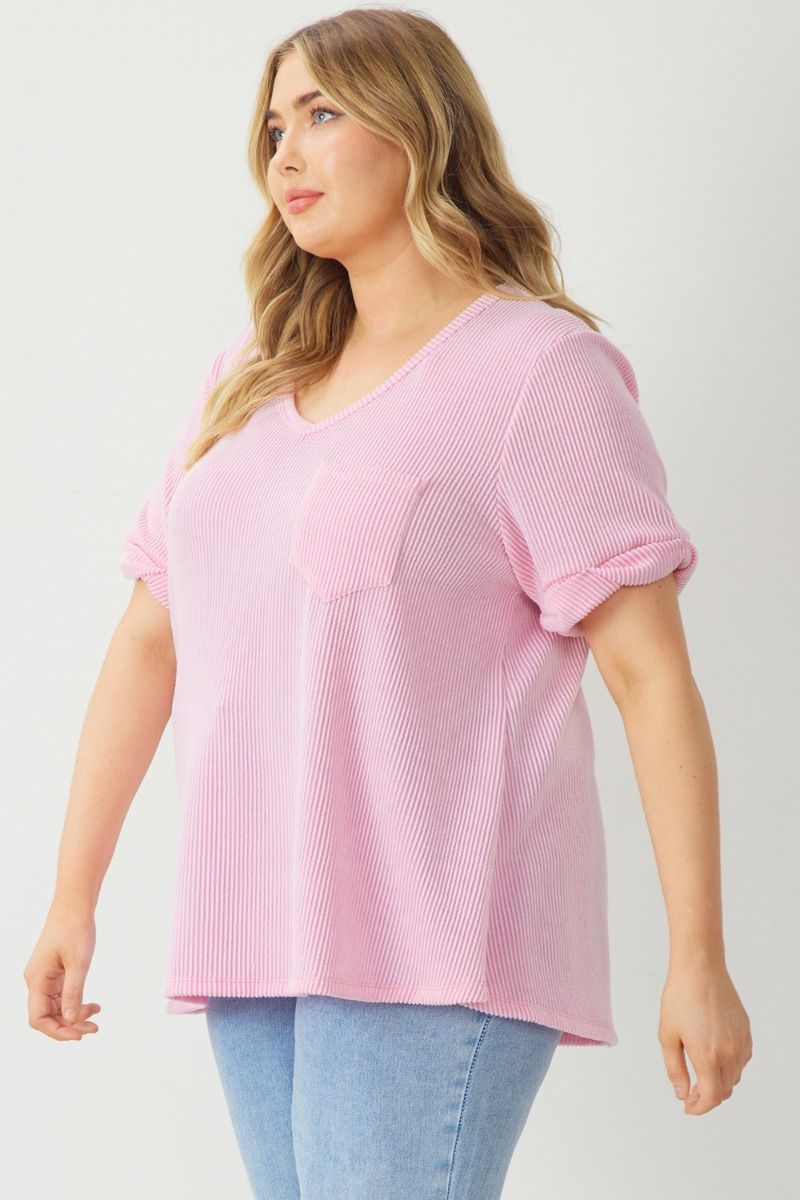 Entro V Neck Relaxed Fit Knit Top With Rolled Cuffs in Pink Plus-Curvy/Plus Tops-Entro-Deja Nu Boutique, Women's Fashion Boutique in Lampasas, Texas