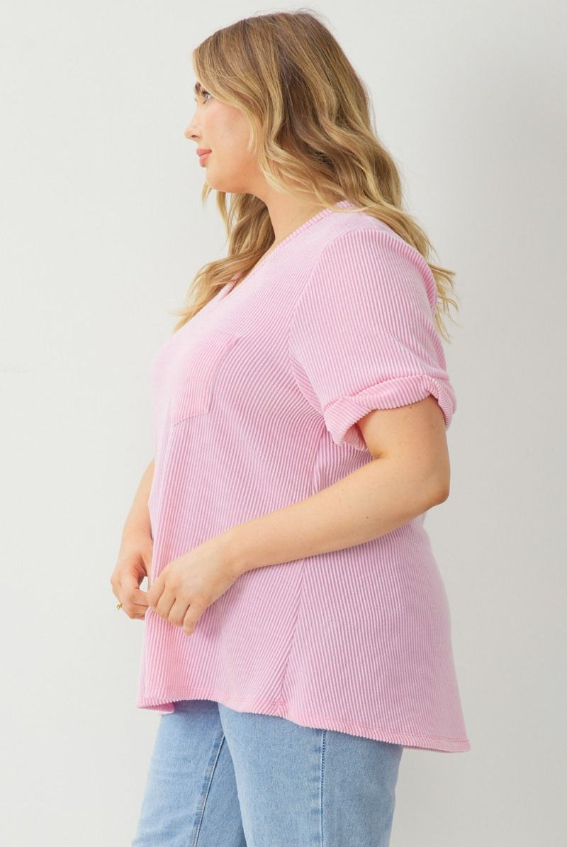Entro V Neck Relaxed Fit Knit Top With Rolled Cuffs in Pink Plus-Curvy/Plus Tops-Entro-Deja Nu Boutique, Women's Fashion Boutique in Lampasas, Texas
