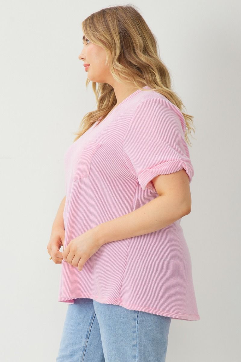 Entro V Neck Relaxed Fit Knit Top With Rolled Cuffs in Pink Plus-Curvy/Plus Tops-Entro-Deja Nu Boutique, Women's Fashion Boutique in Lampasas, Texas