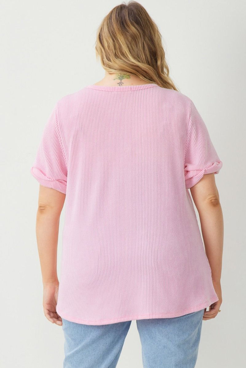 Entro V Neck Relaxed Fit Knit Top With Rolled Cuffs in Pink Plus-Curvy/Plus Tops-Entro-Deja Nu Boutique, Women's Fashion Boutique in Lampasas, Texas
