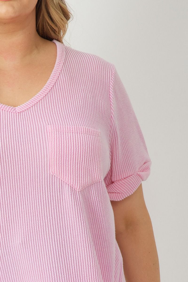 Entro V Neck Relaxed Fit Knit Top With Rolled Cuffs in Pink Plus-Curvy/Plus Tops-Entro-Deja Nu Boutique, Women's Fashion Boutique in Lampasas, Texas