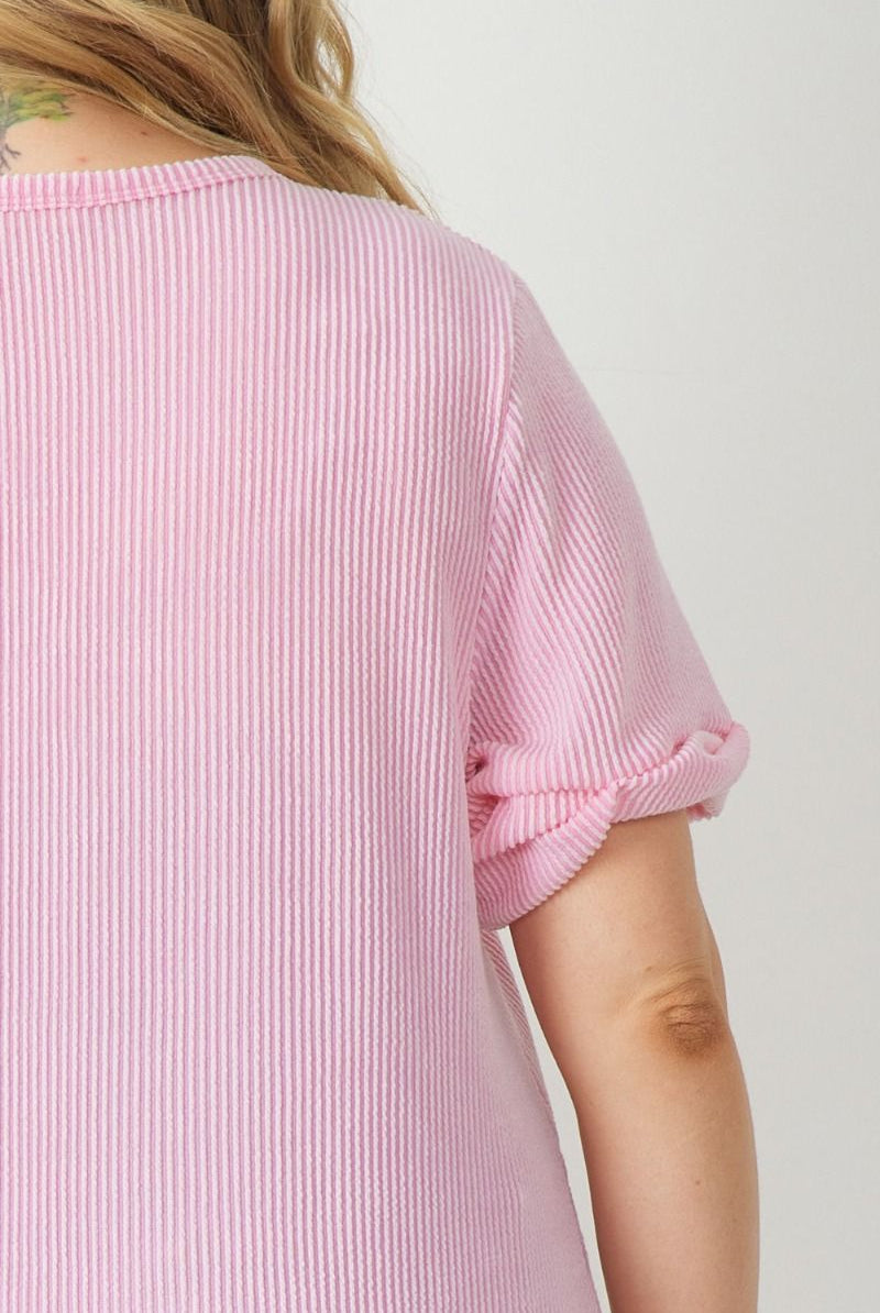 Entro V Neck Relaxed Fit Knit Top With Rolled Cuffs in Pink Plus-Curvy/Plus Tops-Entro-Deja Nu Boutique, Women's Fashion Boutique in Lampasas, Texas