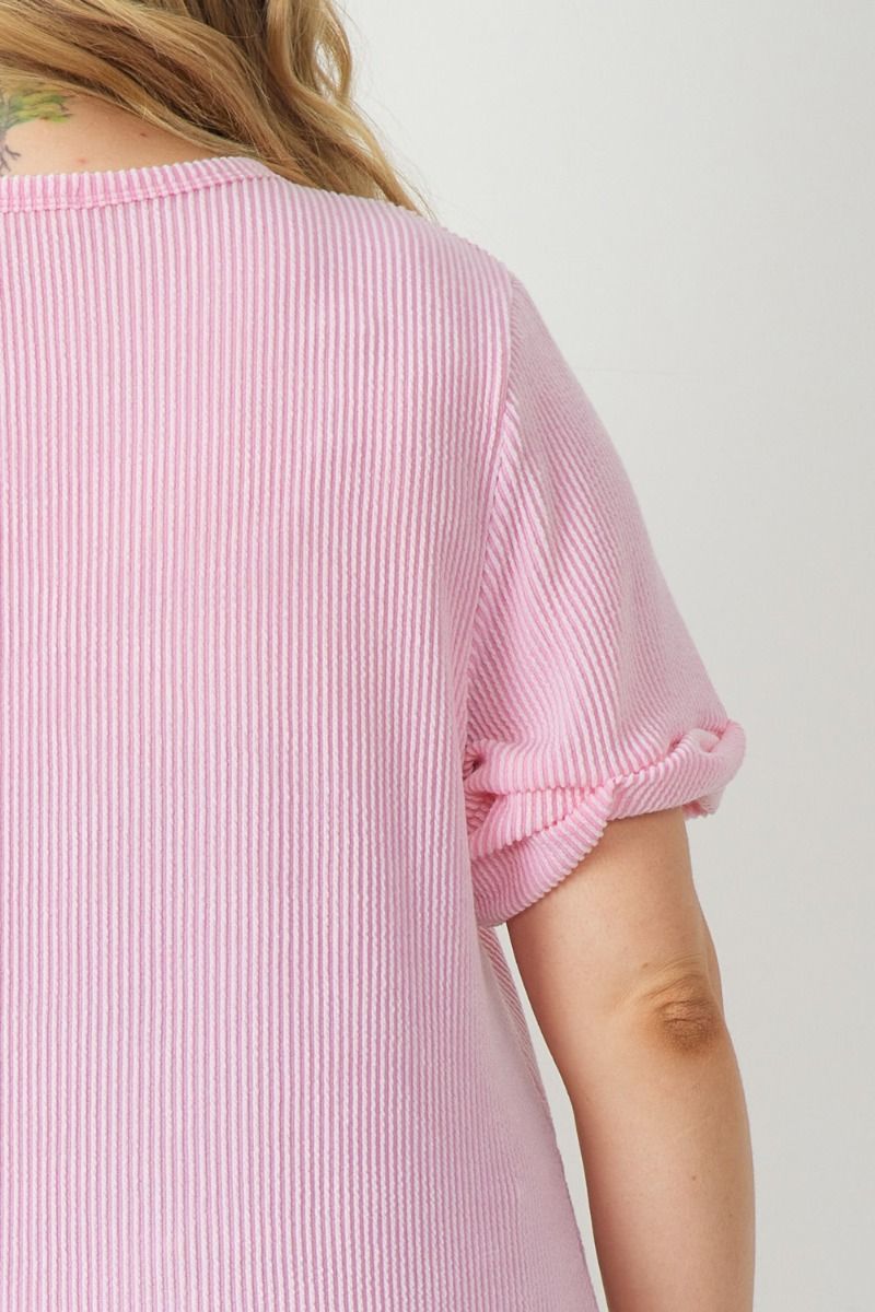 Entro V Neck Relaxed Fit Knit Top With Rolled Cuffs in Pink Plus-Curvy/Plus Tops-Entro-Deja Nu Boutique, Women's Fashion Boutique in Lampasas, Texas