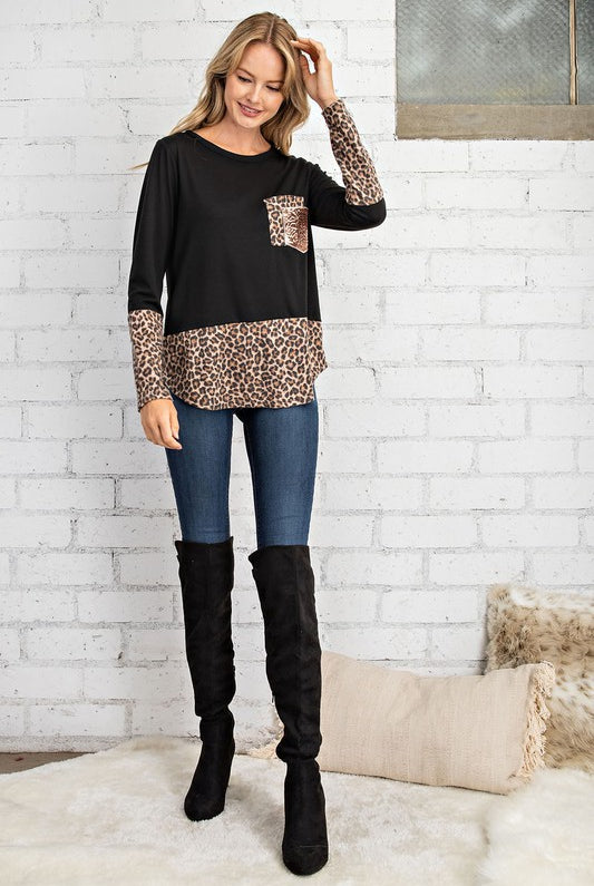 FSL Apparel Leopard/Black Top With Rose Gold Sequin Pocket-Tops-FSL Apparel-Deja Nu Boutique, Women's Fashion Boutique in Lampasas, Texas