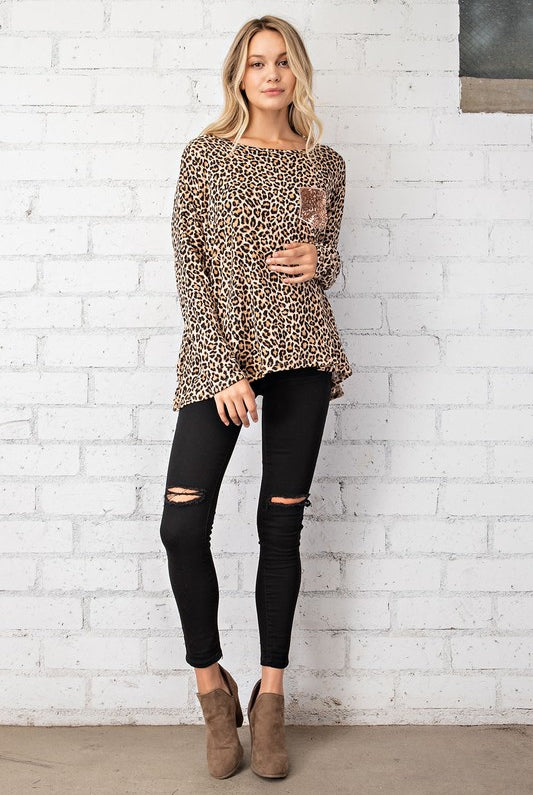 FSL Apparel Leopard Top With Rose Gold Sequin Pocket-Tops-FSL Apparel-Deja Nu Boutique, Women's Fashion Boutique in Lampasas, Texas