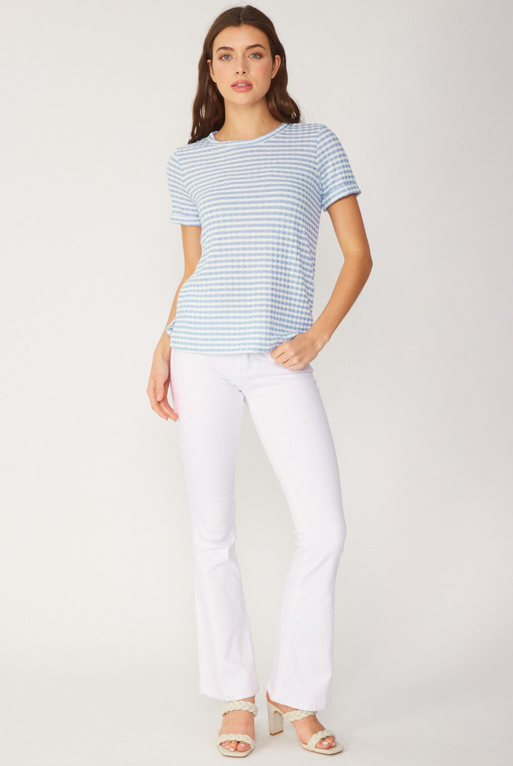 FSL Apparel Stripe Ribbed Knit Short Sleeve Top In Light Blue-Tops-FSL Apparel-Deja Nu Boutique, Women's Fashion Boutique in Lampasas, Texas