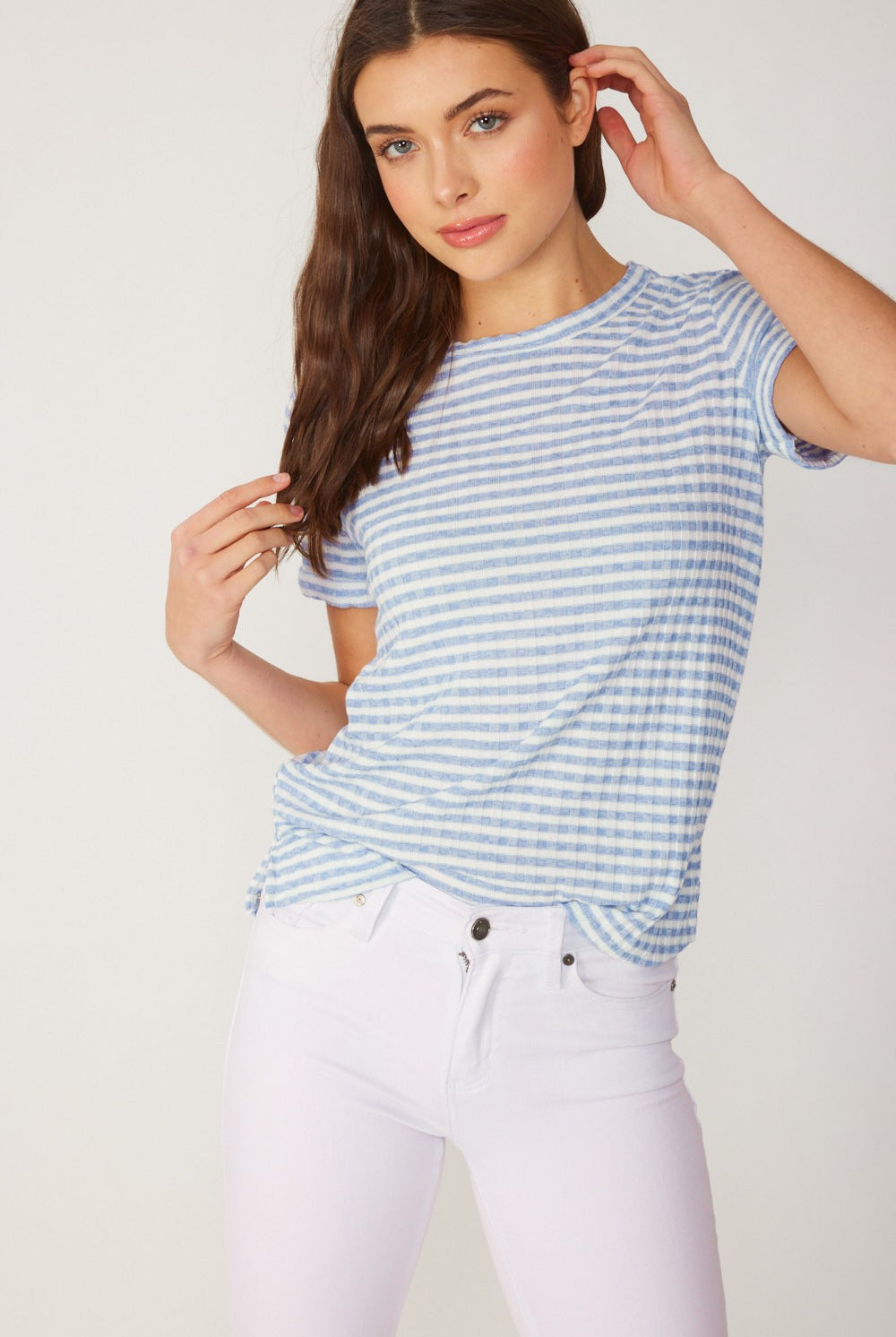 FSL Apparel Stripe Ribbed Knit Short Sleeve Top In Light Blue-Tops-FSL Apparel-Deja Nu Boutique, Women's Fashion Boutique in Lampasas, Texas