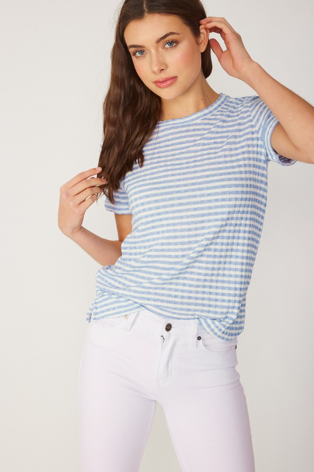 FSL Apparel Stripe Ribbed Knit Short Sleeve Top In Light Blue-Tops-FSL Apparel-Deja Nu Boutique, Women's Fashion Boutique in Lampasas, Texas