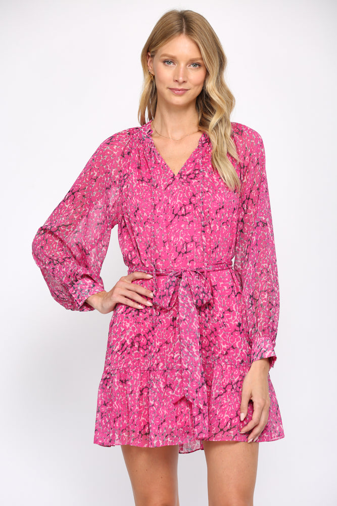 Fate Animal Print With Lurex Chiffon Tie Waist Dress In Hot Pink-Dresses-Fate-Deja Nu Boutique, Women's Fashion Boutique in Lampasas, Texas
