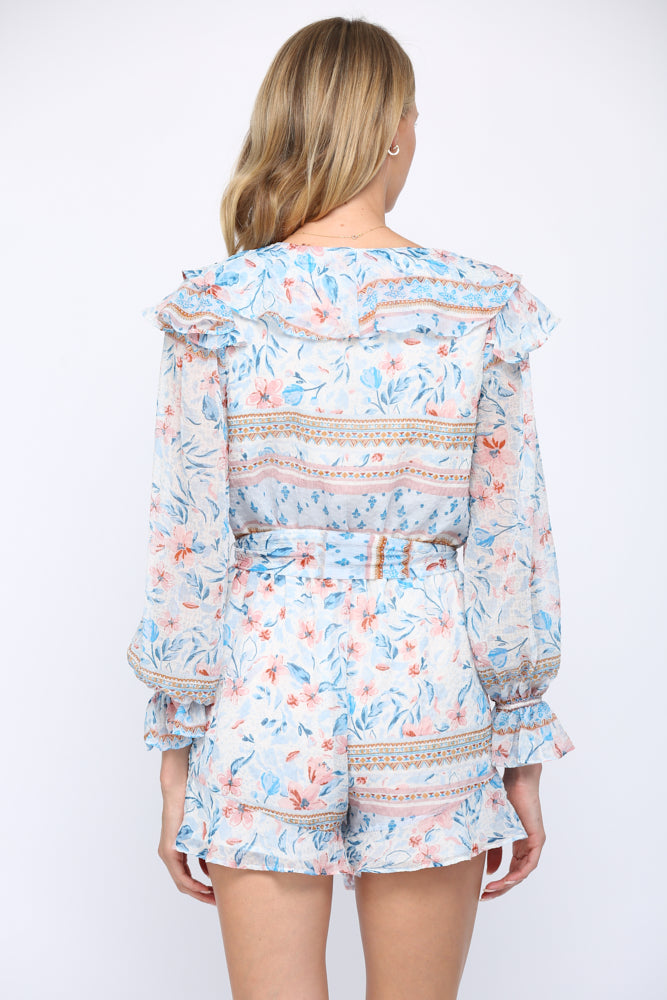 Fate Floral Print Ruffle Romper In Blue Multi-Rompers & Jumpsuits-Fate-Deja Nu Boutique, Women's Fashion Boutique in Lampasas, Texas