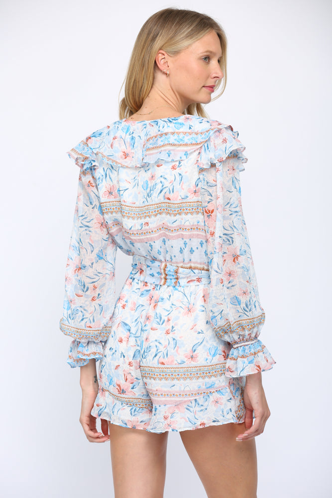 Fate Floral Print Ruffle Romper In Blue Multi-Rompers & Jumpsuits-Fate-Deja Nu Boutique, Women's Fashion Boutique in Lampasas, Texas