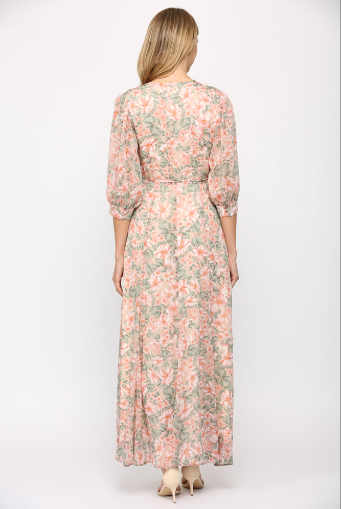 Fate Floral Print Wrap Dress In Cream And Coral-Maxi Dresses-Fate-Deja Nu Boutique, Women's Fashion Boutique in Lampasas, Texas