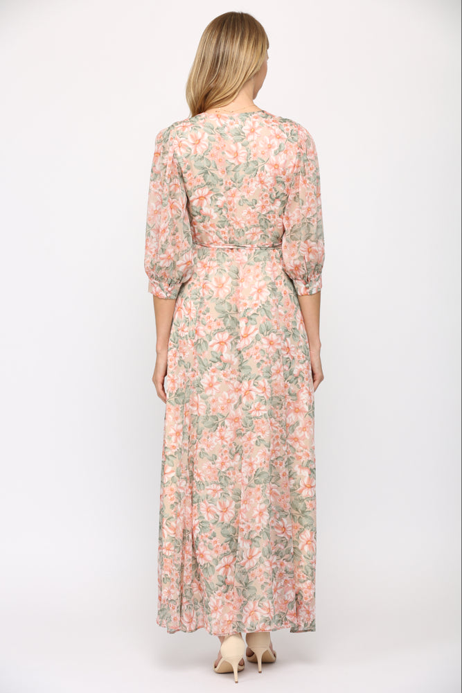 Fate Floral Print Wrap Dress In Cream And Coral-Maxi Dresses-Fate-Deja Nu Boutique, Women's Fashion Boutique in Lampasas, Texas