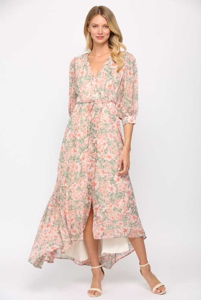 Fate Floral Print Wrap Dress In Cream And Coral-Maxi Dresses-Fate-Deja Nu Boutique, Women's Fashion Boutique in Lampasas, Texas