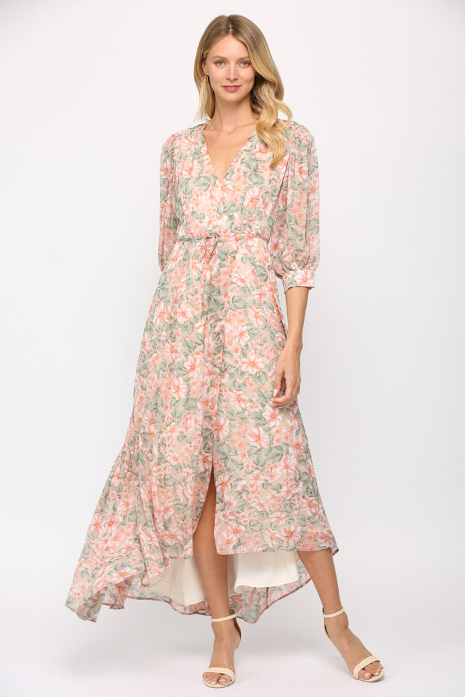 Fate Floral Print Wrap Dress In Cream And Coral-Maxi Dresses-Fate-Deja Nu Boutique, Women's Fashion Boutique in Lampasas, Texas