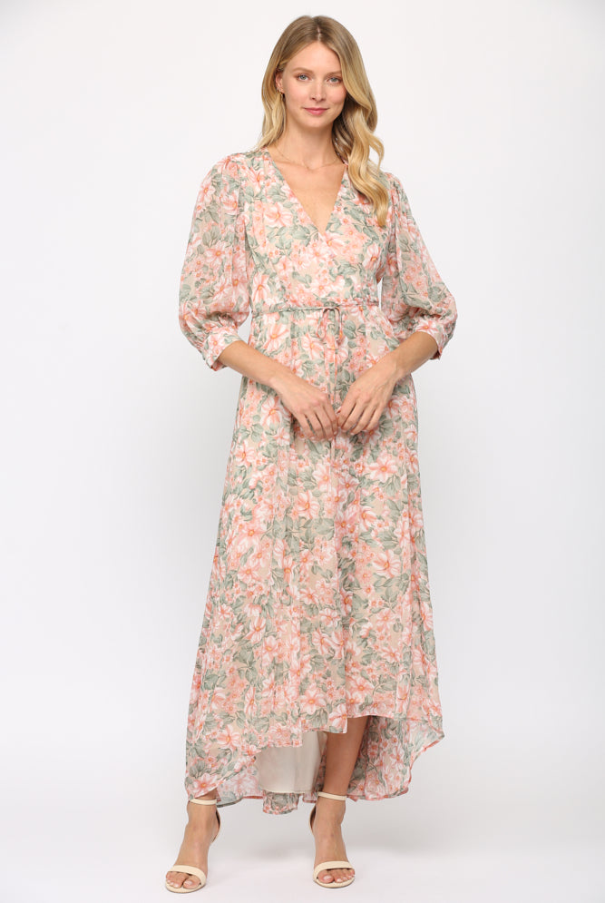 Fate Floral Print Wrap Dress In Cream And Coral-Maxi Dresses-Fate-Deja Nu Boutique, Women's Fashion Boutique in Lampasas, Texas