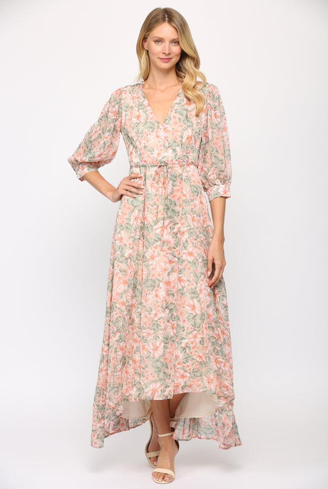 Fate Floral Print Wrap Dress In Cream And Coral-Maxi Dresses-Fate-Deja Nu Boutique, Women's Fashion Boutique in Lampasas, Texas