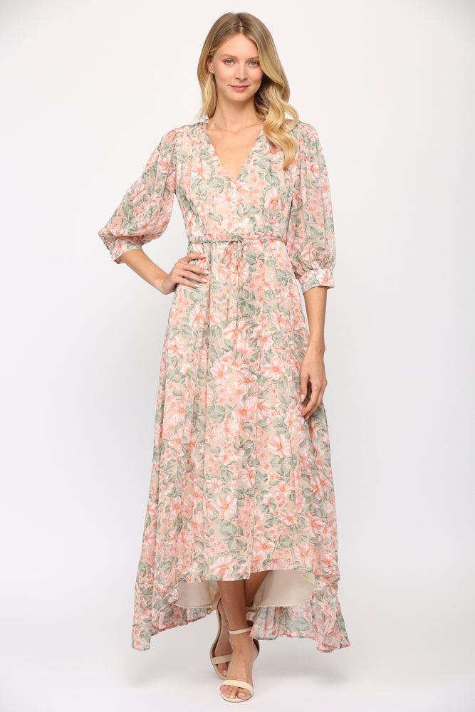 Fate Floral Print Wrap Dress In Cream And Coral-Maxi Dresses-Fate-Deja Nu Boutique, Women's Fashion Boutique in Lampasas, Texas