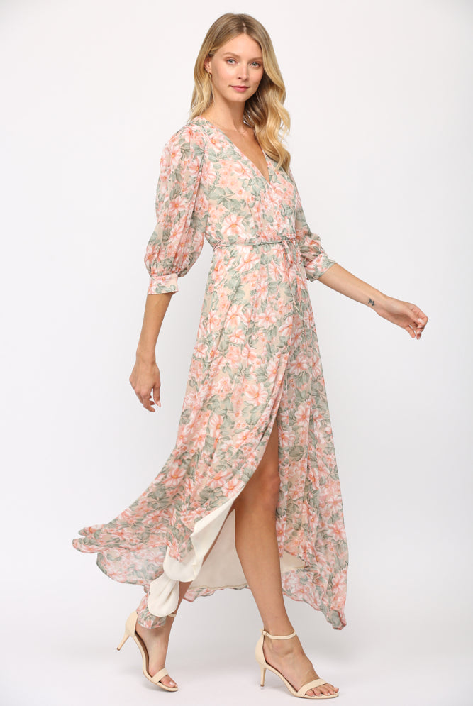 Fate Floral Print Wrap Dress In Cream And Coral-Maxi Dresses-Fate-Deja Nu Boutique, Women's Fashion Boutique in Lampasas, Texas