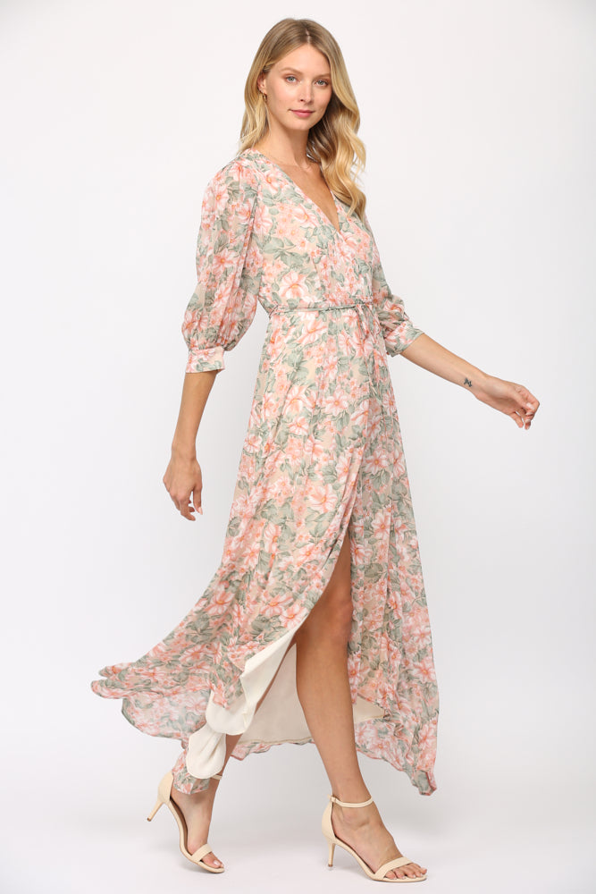 Fate Floral Print Wrap Dress In Cream And Coral-Maxi Dresses-Fate-Deja Nu Boutique, Women's Fashion Boutique in Lampasas, Texas