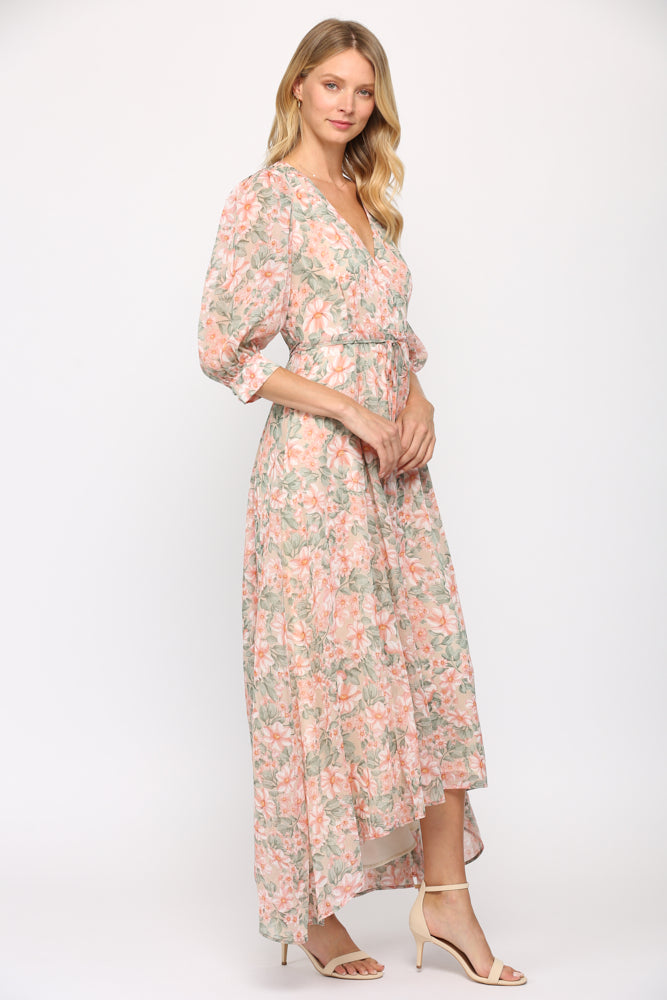 Fate Floral Print Wrap Dress In Cream And Coral-Maxi Dresses-Fate-Deja Nu Boutique, Women's Fashion Boutique in Lampasas, Texas