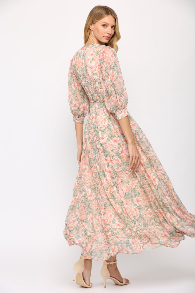 Fate Floral Print Wrap Dress In Cream And Coral-Maxi Dresses-Fate-Deja Nu Boutique, Women's Fashion Boutique in Lampasas, Texas