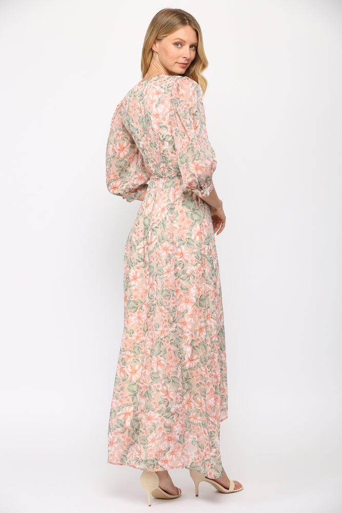 Fate Floral Print Wrap Dress In Cream And Coral-Maxi Dresses-Fate-Deja Nu Boutique, Women's Fashion Boutique in Lampasas, Texas