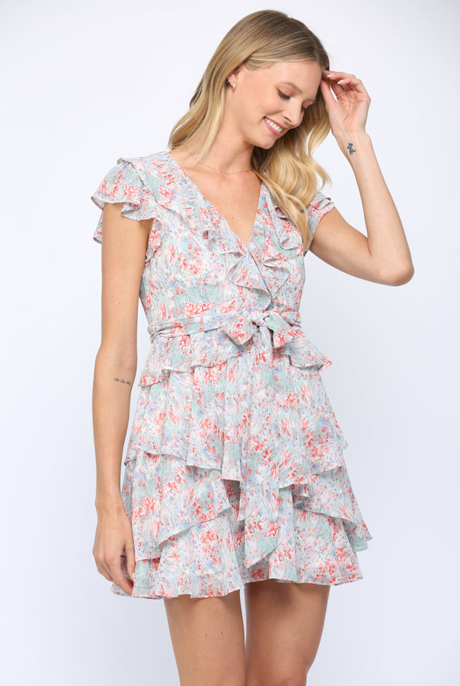 Fate Tie Waist Ruffle Dress In Blue Multi-Short Dresses-Fate-Deja Nu Boutique, Women's Fashion Boutique in Lampasas, Texas