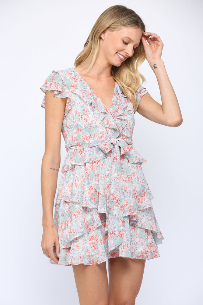 Fate Tie Waist Ruffle Dress In Blue Multi-Short Dresses-Fate-Deja Nu Boutique, Women's Fashion Boutique in Lampasas, Texas
