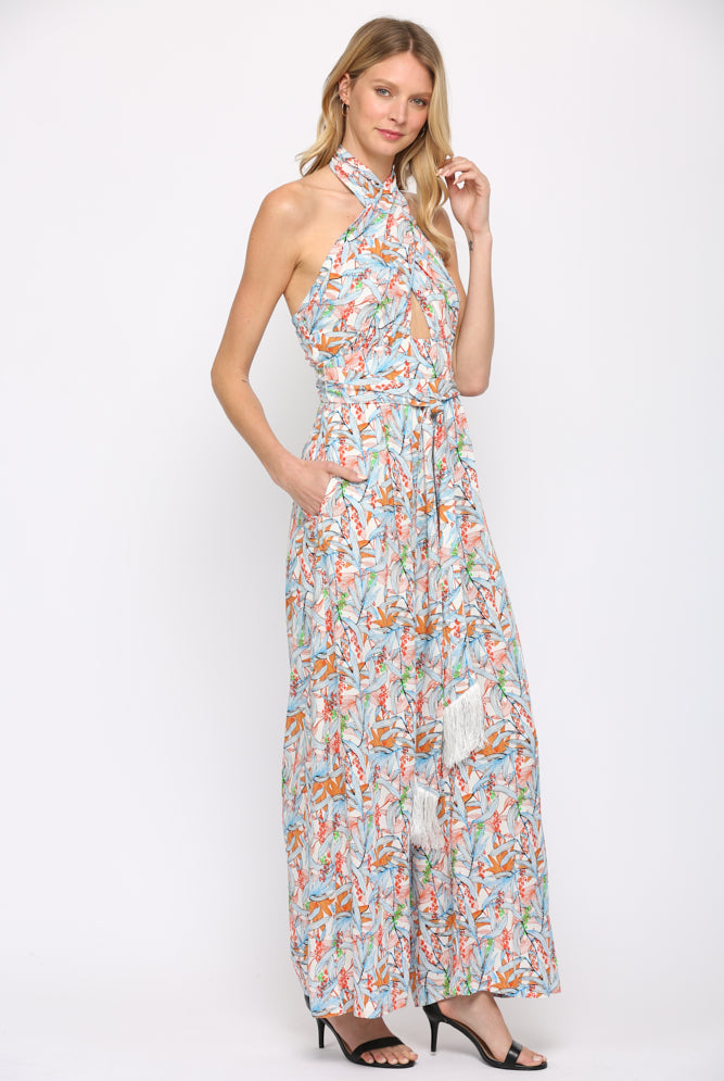 Fate Twist Halter Neck Jumpsuit In Blue Multi-Rompers & Jumpsuits-Fate-Deja Nu Boutique, Women's Fashion Boutique in Lampasas, Texas
