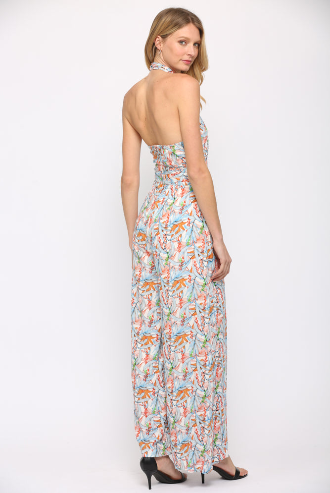 Fate Twist Halter Neck Jumpsuit In Blue Multi-Rompers & Jumpsuits-Fate-Deja Nu Boutique, Women's Fashion Boutique in Lampasas, Texas